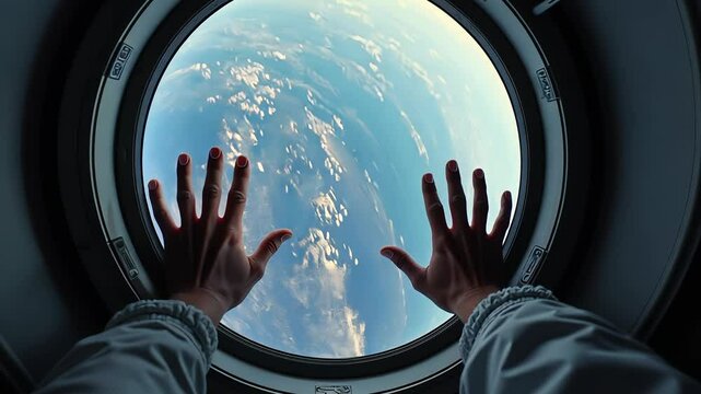 Hands reach towards earth through spacecraft window as view shifts