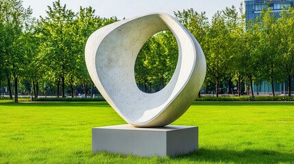 Abstract Modern Sculpture in Park Surrounded by Lush Green Trees