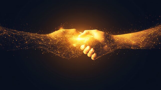 In this abstract technology background, hands are depicted holding a global network connection, symbolizing integration of blockchain technology, data exchange, big data stream, futuristic linking