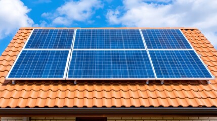 Solar Panels on Brown Roof Under Bright Blue Sky with Clouds