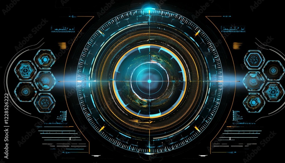 Poster futuristic hud interface with glowing circles and hexagonal elements. the central focus is a circula
