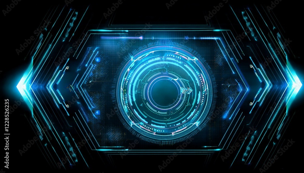 Poster a glowing blue circle pulsates within a digital frame. its ethereal light suggests connection, progr