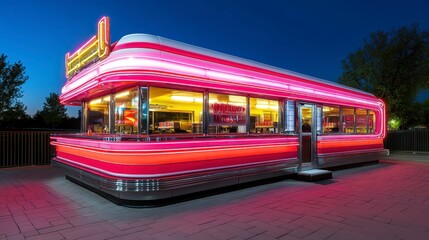 Obraz premium Retro Diner at Night with Bright Neon Lights and Vibrant Colors