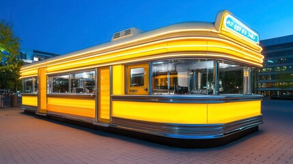 Naklejka premium Bright Yellow Retro Diner at Night with Neon Glow and Urban Background