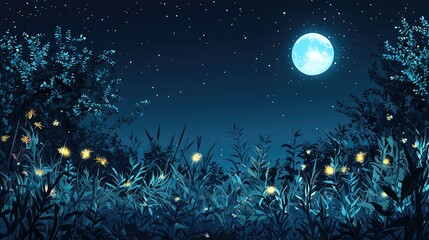 Nighttime Landscape with Moon, Stars, and Lush Greenery