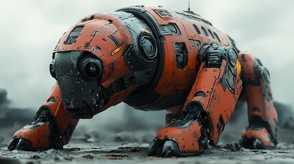Robotic Quadrupedal Mechanism Orange Gray Texture Worn Surface Detailed Design Metal Body Structure.