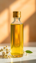 Organic oil in a transparent bottle, essence of nature for health and beauty, aromatherapy and natural skincare, Diffused lighting, with white tones