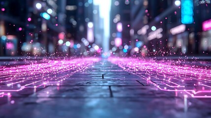 Fototapeta premium City street, glowing lines, futuristic night, digital overlay, urban technology
