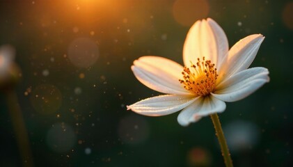 Fototapeta premium Sparkling gold dust settles on a delicate flower, golden, flower