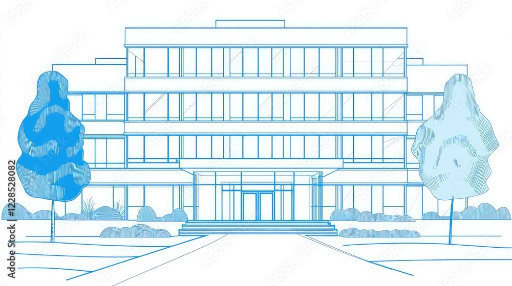 Poster modern architectural design of a building with landscaping features