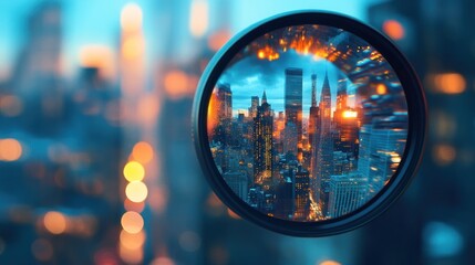 Cityscape Viewed Through a Lens at Dusk