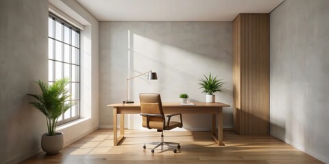 A sunlit minimalist home office features a light brown leather executive chair at a wooden desk, accompanied by potted plants and a desk lamp.