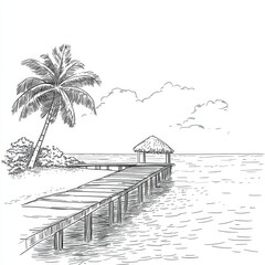 Serene Tropical Scene with Dock, Palms, Beach and Ocean View