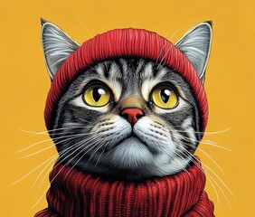 Funny Cartoon Portrait of Grey Cat in Red Beanie on Bright Yellow Background