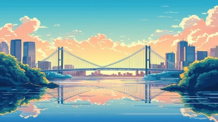 Fototapeta premium Scenic Sunset View of a City Skyline with a Bridge Reflection