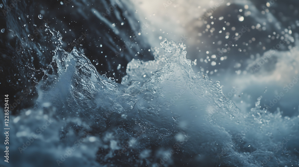 Poster colossal wave crashing dramatically at the shoreline during sunset with splashes and mist. generativ