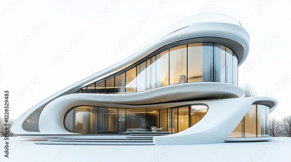 Poster futuristic architecture: a modern white house with flowing lines and large glass windows in a minima