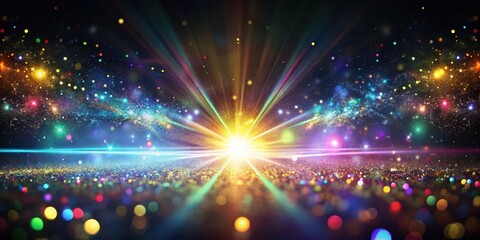Fototapeta premium A vibrant burst of multicolored light rays illuminates a glittering, sparkling expanse of cosmic dust and bokeh