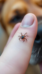 Obraz premium Closeup hand showing big tick parasite on a dog skin, selective focus, crayon drawing, with white tones