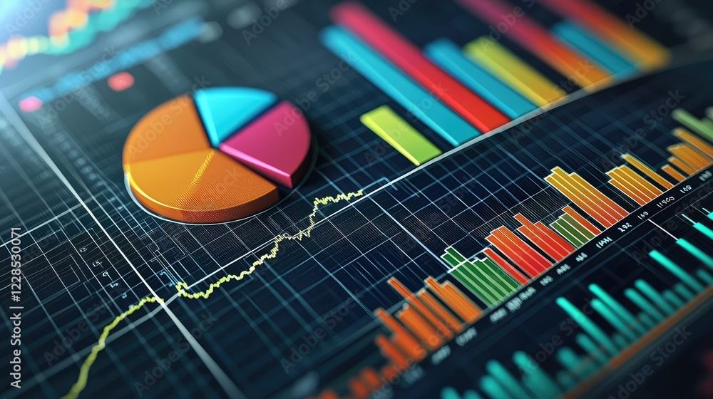 Poster colorful data visualization with pie chart and bar graphs