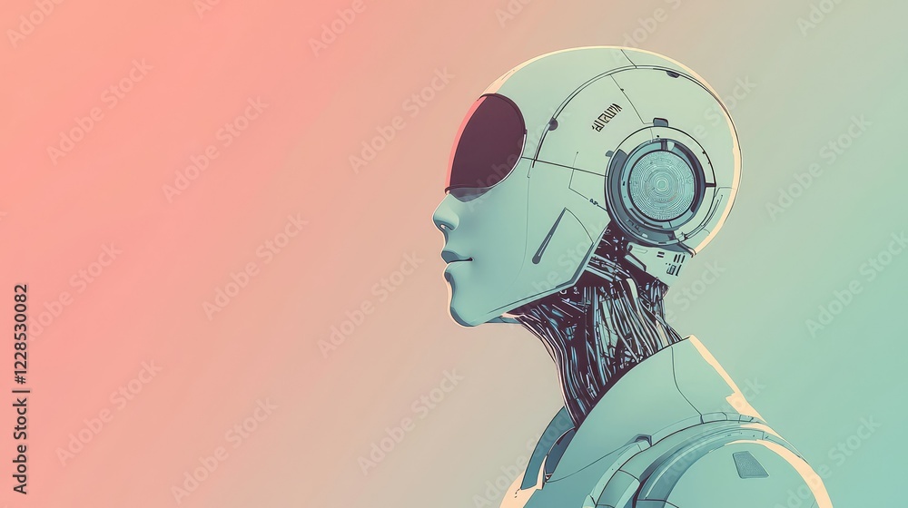 Poster futuristic robot portrait with abstract background in soft colors