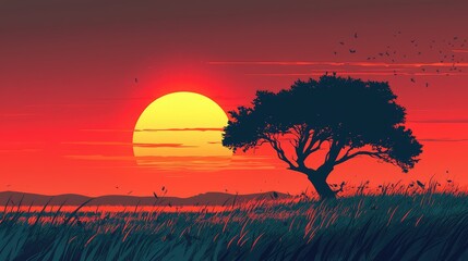 Obraz premium Sunset Over Calm Water with Silhouette of Tree and Grass