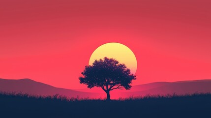 Serene Landscape with Tree and Vibrant Sunset in Soft Colors