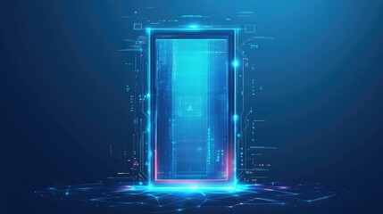 Futuristic Digital Doorway with Neon Glow and Tech Elements