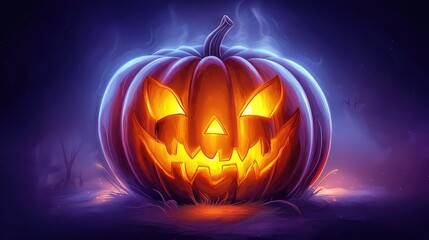 Spooky Halloween Pumpkin with Glowing Face in Dark Background