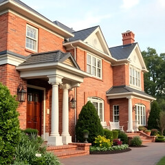 Obraz premium Brick Mansion Exterior: Elegant Home Architecture and Landscaping
