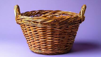 Obraz premium A handwoven rattan basket for sustainable storage, placed on a bold electric purple background, photorealistic, ultra-sharp focus, clear details, studio lighting, natural colors, realistic lighting,