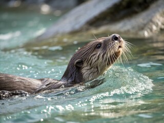 Fototapeta premium Playful Otter Emerging from Crystal-Clear Water, A Captivating Wildlife Portrait