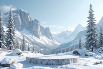 Fototapeta premium Snowy Mountain Landscape With Stone Platform