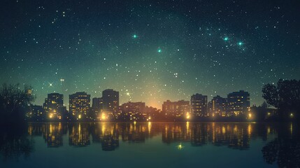Fototapeta premium Night Sky Over Cityscape with Stars and Reflections on Water