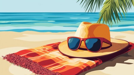 Colorful Beach Scene with Hat and Sunglasses on Linen Towel