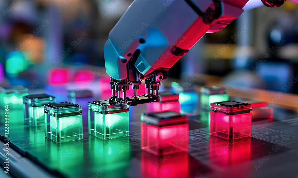 Poster Robotic arm assembling glowing cubes in factory