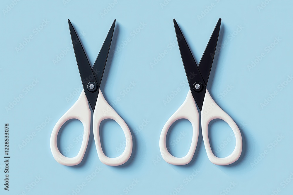 Poster high-quality minimalistic illustration of a pair of scissors in black and white on a plain backgroun