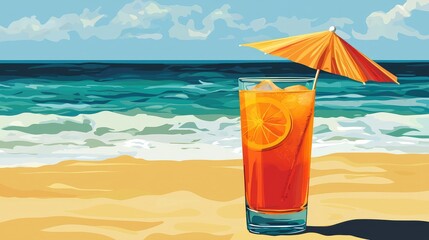 Obraz premium Refreshing Tropical Drink with Umbrella by the Ocean Shoreline