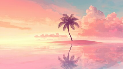 Fototapeta premium Serene Sunset Over Calm Waters with a Lone Palm Tree Reflection