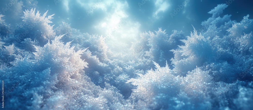 Poster frosty ice patterns on winter window with ethereal light and tranquil blue background