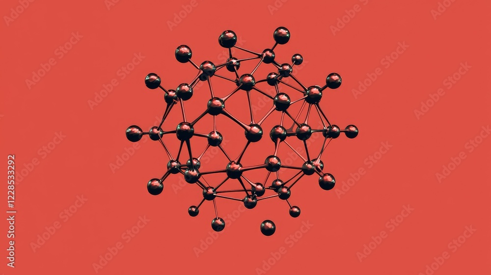 Poster abstract molecular structure with red background and connected nodes