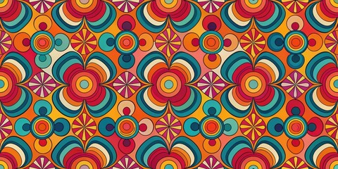 Vibrant Retro Floral and Geometric Pattern Design Featuring Interlocking Circles and Flower Shapes in a Seamless Repeat Texture