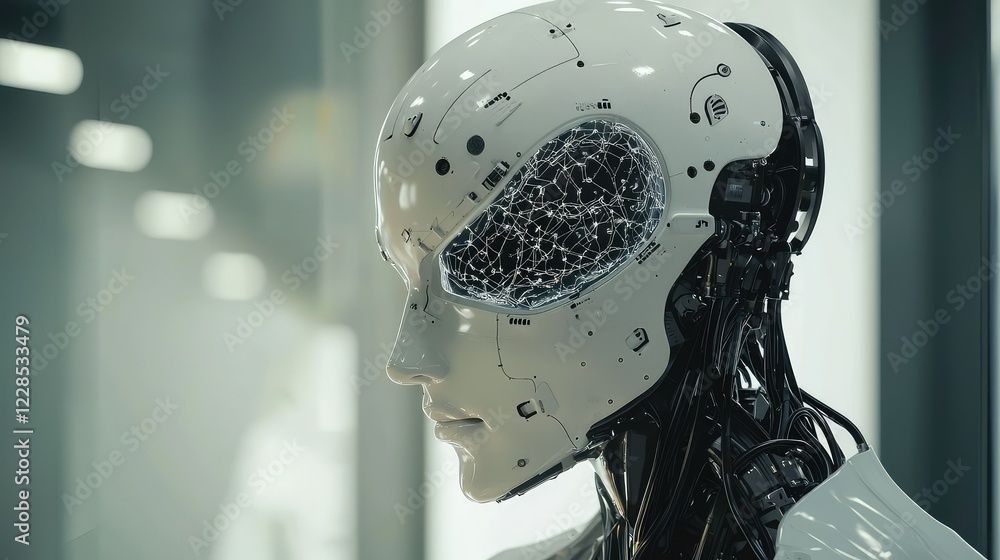 Poster Futuristic Robot Head with Complex Neural Network and Technology Design
