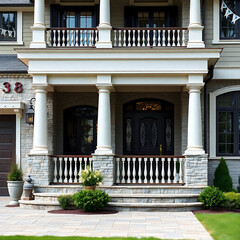 Fototapeta premium Elegant Home Exterior with Stone Facade and Classic Columns. Luxury Real Estate Property with Balcony and Porch. Beautiful Home Design and Architecture.