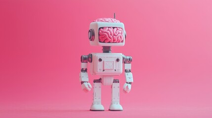 Cute Robot Toy with Brain on Pink Background for Creative Concepts