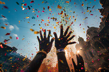 festival celebration, colorful canopy, joyous voices, and tempting sweets at holi celebration lift spirits and create a harmonious atmosphere