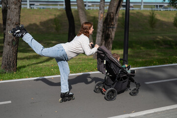 Caucasian woman roller skating with her toddler son in a stroller. 