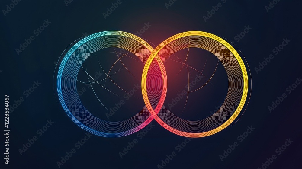 Poster colorful swirling circles with dynamic lines on dark background