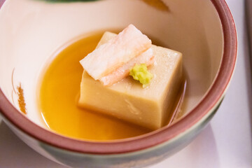 Goma-dofu with Topping in a Japanese Bowl

