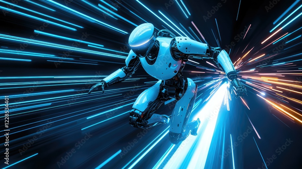 Poster futuristic robot in dynamic motion amidst colorful light strands
